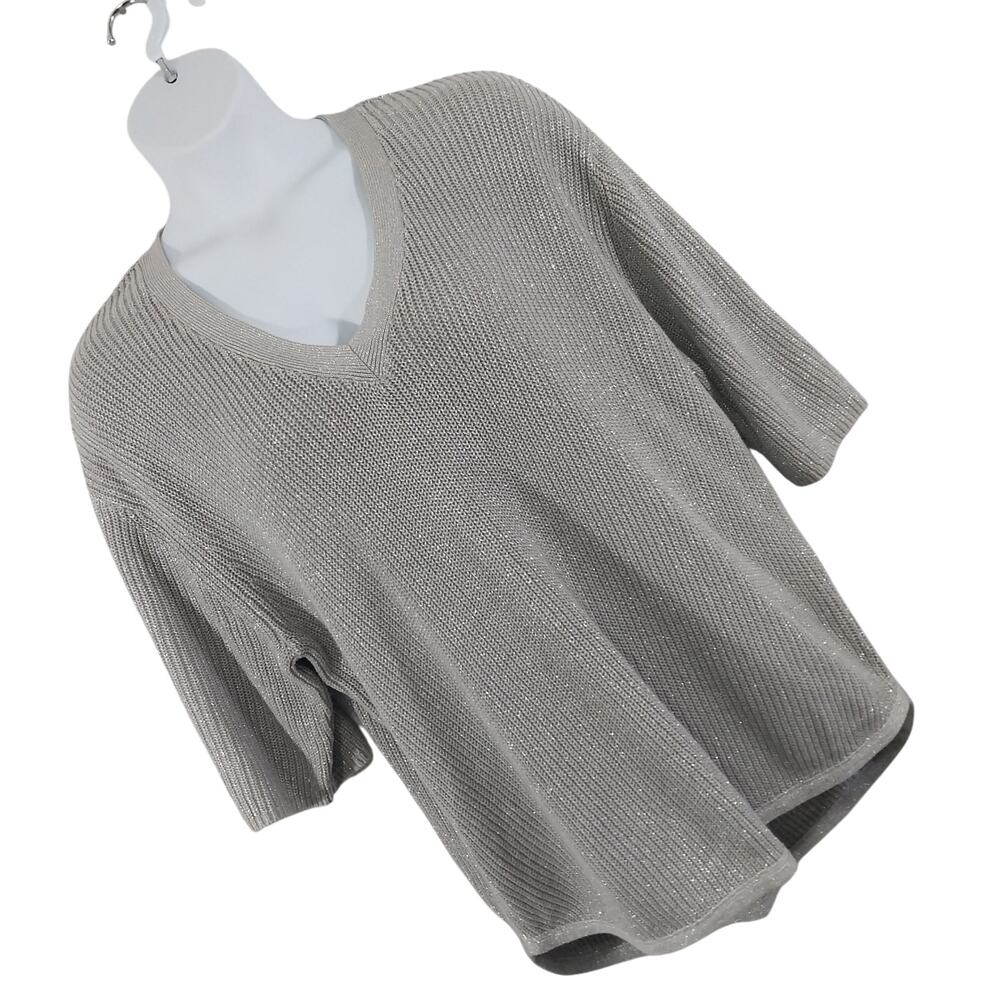 BEVERLY DRIVE! ASH GRAY & SILVER METALLIC OVERSIZED SHORT SLEEVE SWEATER! SZ 18